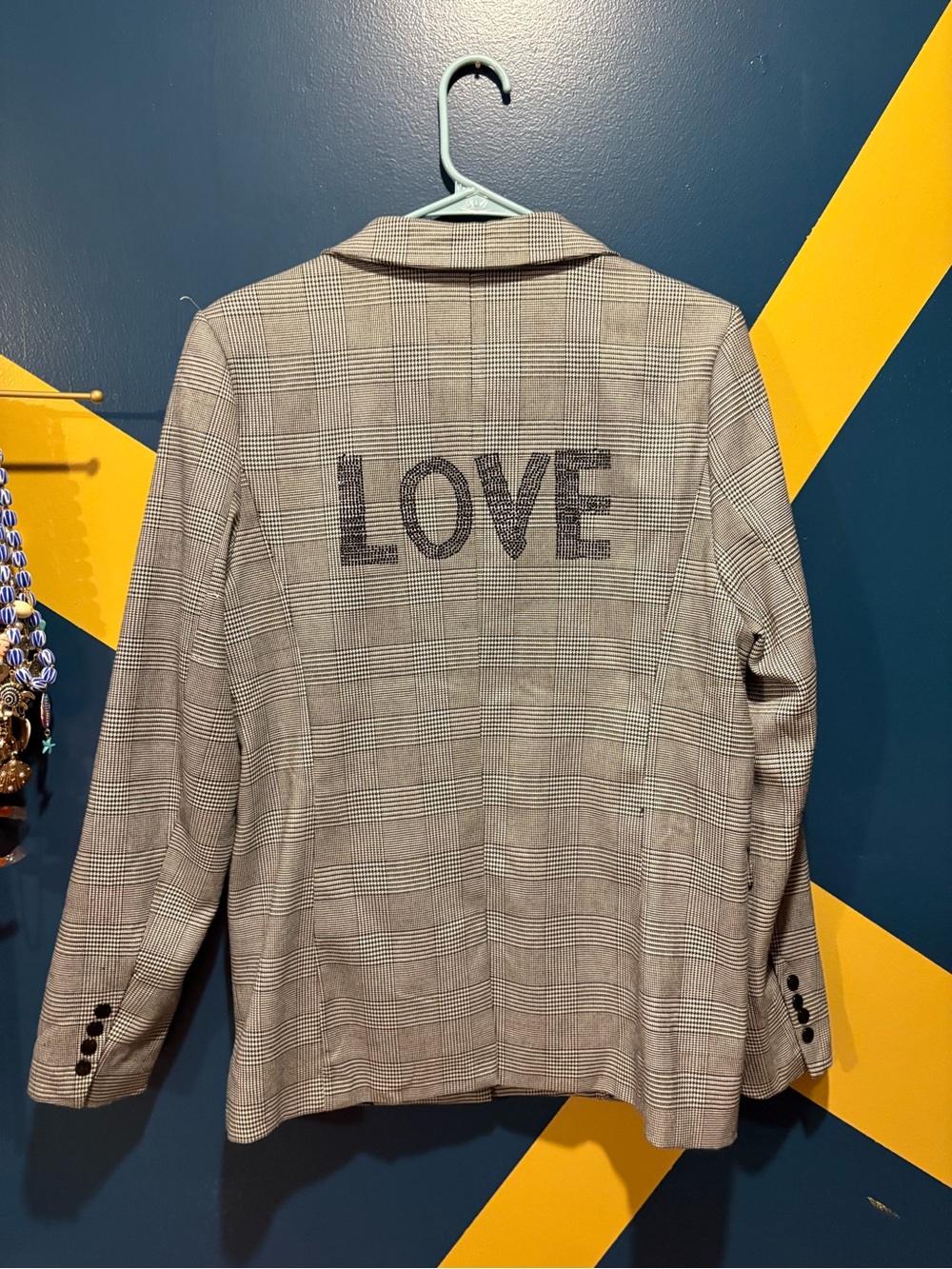 Elan Black & White Plaid "LOVE" Rhinestone Blazer EUC
